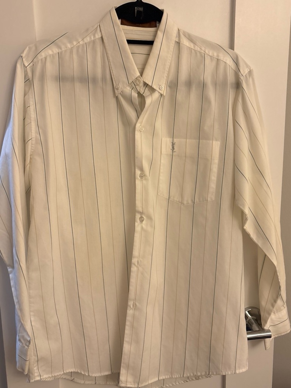 Vintage YSL Men's White Pinstripe Button-Down Shirt